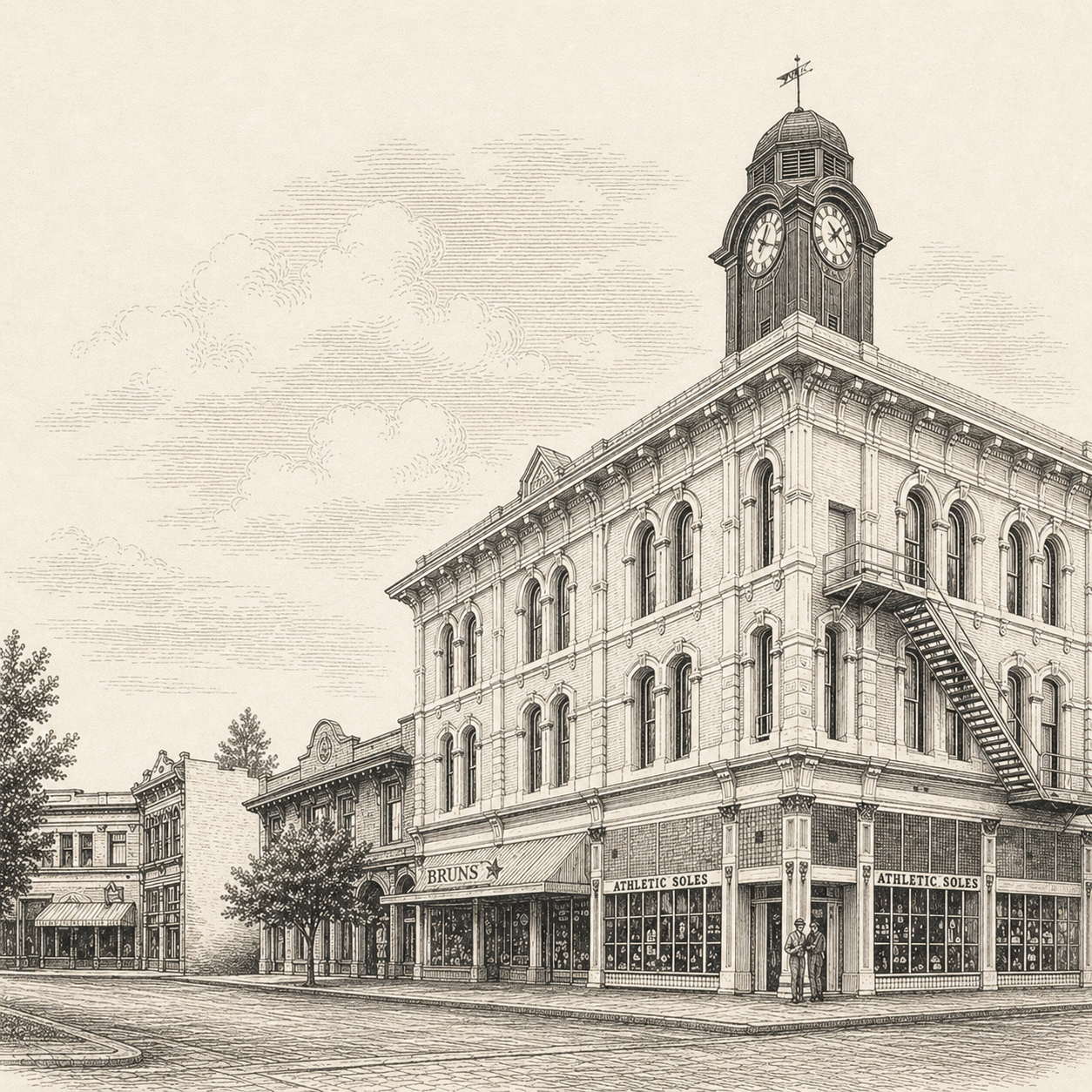 Pen-and-ink illustration of a historic clock-tower building in downtown Petaluma, California